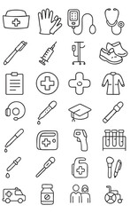 Obraz premium 30 Nurse Equipment Line Icons – Medical Tools Vector Set in Black and White
