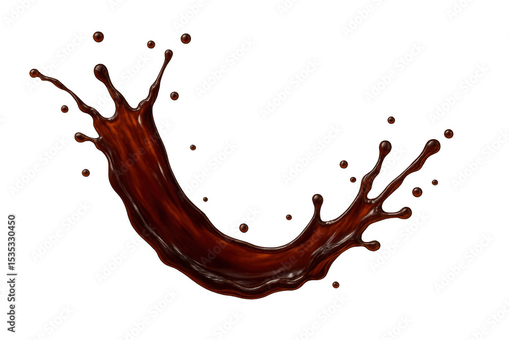 Poster coffee or cola splashing energetically, creating dynamic droplets against a transparent background, 