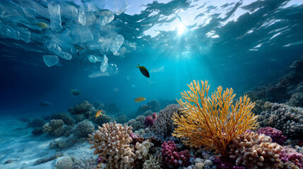 Plastic trash in the ocean. Environmental pollution. sea is covered in plastic and dead sea creatures. global problem, threat ocean wildlife and calling for urgent action to protect the environment.