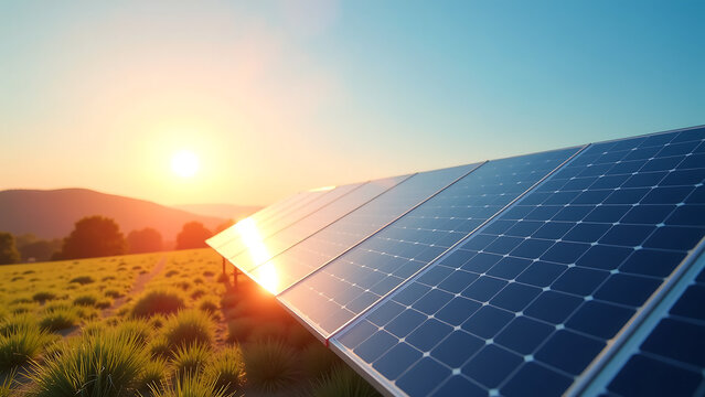 solar panel array absorbs warm sunlight bright blue sky set subtle landscape backdrop gentle hills silhouetted