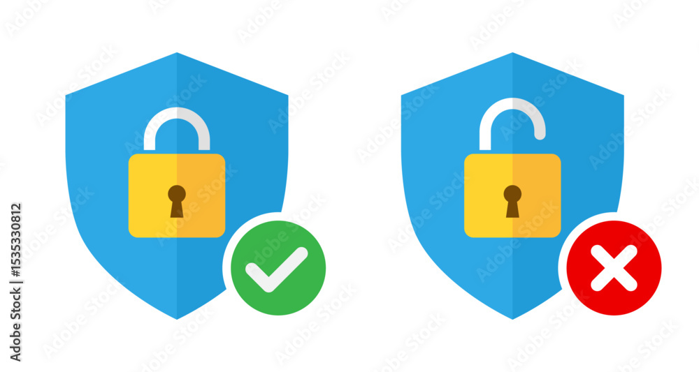 Poster tick and cross security shield icons with lock and unlock symbols for secure access and protection. 