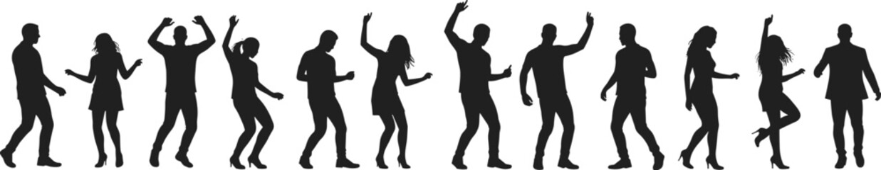 Silhouette vector of dancing people in motion, black and white party celebration concept, energetic human figures, group fun, nightlife vibe, isolated on white background