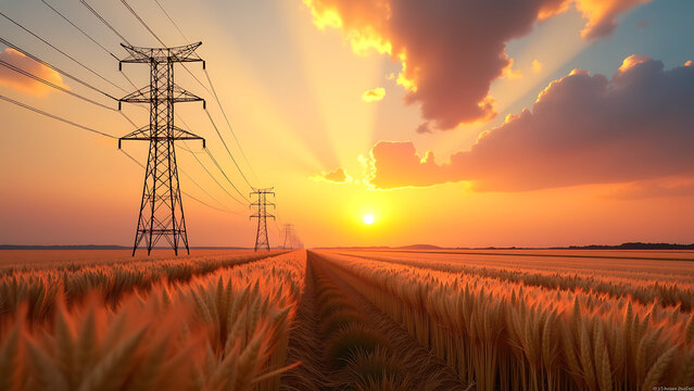 sprawling network power lines stretches diagonally across sea golden wheat edge serene