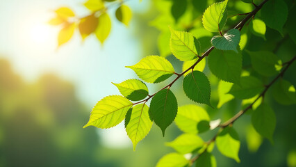 sunlit lush green tree vibrant foliage radiant morning light set soft blurred background sky