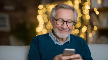 Senior man using smartphone at home with cozy sofa ambiance