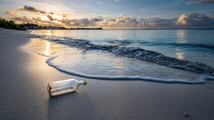 Used plastic water bottle washed up on the shore of a tropical beach, highlighting the worldwide crisis of plastic pollution on even the most remote islands