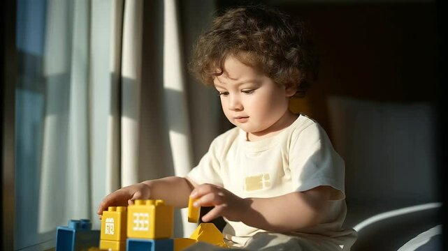 Child playing with educational blocks and numbers in natural light