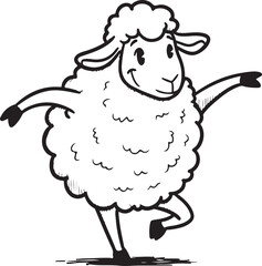 A black and white cartoon sketch of a sheep dancing on one leg, cartoon, sketch, black and white, outline