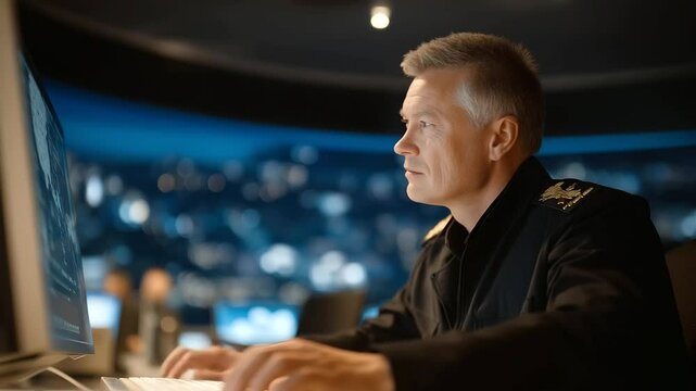 Cyber Warfare Monitoring Station with Officer and Data Display