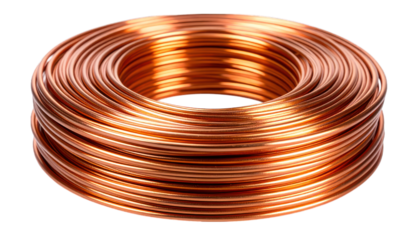 Copper wire coil close up isolated on transparent background