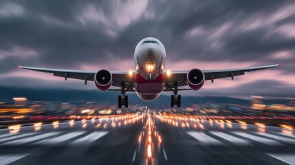Naklejka premium Dynamic takeoff of a commercial airplane from the runway captured with motion blur passenger window view of aircraft in flight