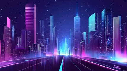 Futuristic city skyline with neon lights and digital atmosphere at night, showcasing skyscrapers and vibrant colors