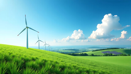 Obraz premium aerial views wind turbines solar panels stretching towards horizon vast green landscape set bright blue sky