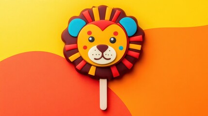 Colorful lion-shaped popsicle on a vibrant background.