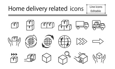 宅配、輸送関係のアイコン、ラインベクター、編集可能