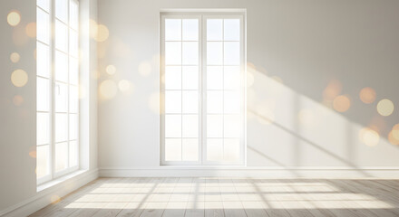 Fototapeta premium Sunlit Room Interior Design Bright Windows and Light Wood Floor