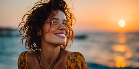 Radiant woman in a stylish summer dress and sunglasses smiles, enjoying a solo vacation as the golden hour sun sets over a serene, dreamy beach.