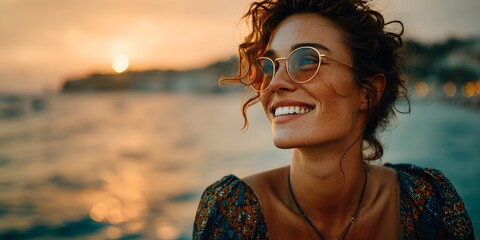 Radiant woman in a stylish summer dress and sunglasses smiles, enjoying a solo vacation as the golden hour sun sets over a serene, dreamy beach.