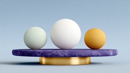 Three balls of different colors are placed on a purple marble slab