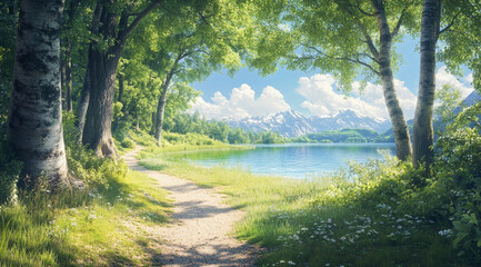 a peaceful summer landscape with a narrow dirt path leading into the distance, surrounded by lush green grass and tall trees, a calm blue lake reflecting the sky, sunlight filtering through the leaves