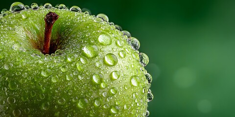 Extreme macro shot of a crisp green apple covered in glistening water droplets, perfectly framed against a clean, soft-focus green background.