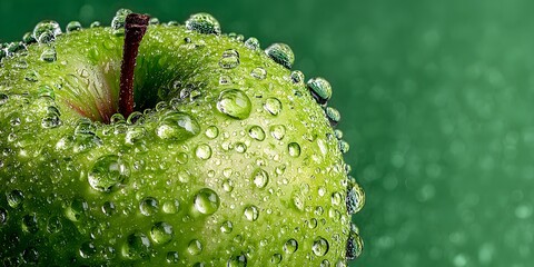 Extreme macro shot of a crisp green apple covered in glistening water droplets, perfectly framed against a clean, soft-focus green background.
