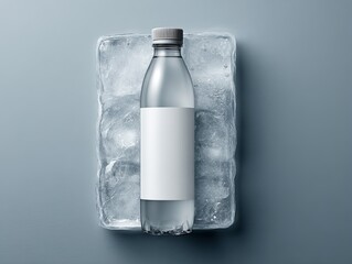 water bottle with a mockup empty label frozen in a block of ice, top view