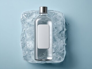water bottle with a mockup empty label frozen in a block of ice, top view
