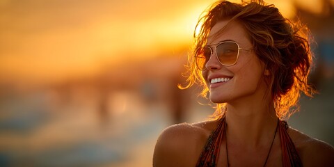 Radiant woman in a stylish summer dress and sunglasses smiles, enjoying a solo vacation as the golden hour sun sets over a serene, dreamy beach.