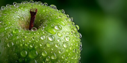 Extreme macro shot of a crisp green apple covered in glistening water droplets, perfectly framed against a clean, soft-focus green background.