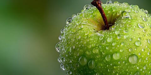 Extreme macro shot of a crisp green apple covered in glistening water droplets, perfectly framed against a clean, soft-focus green background.