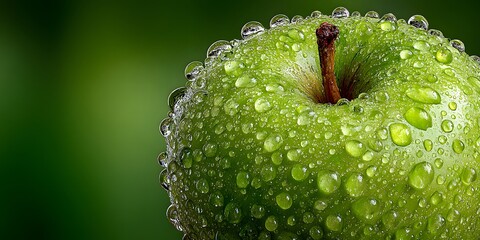 Extreme macro shot of a crisp green apple covered in glistening water droplets, perfectly framed against a clean, soft-focus green background.