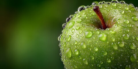 Extreme macro shot of a crisp green apple covered in glistening water droplets, perfectly framed against a clean, soft-focus green background.