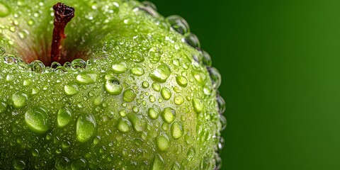 Extreme macro shot of a crisp green apple covered in glistening water droplets, perfectly framed against a clean, soft-focus green background.