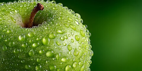 Extreme macro shot of a crisp green apple covered in glistening water droplets, perfectly framed against a clean, soft-focus green background.