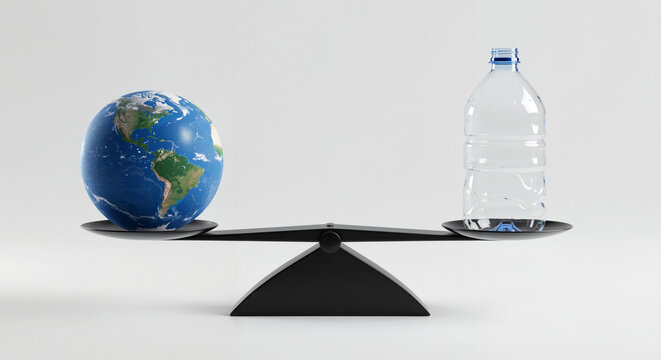 Earth globe and plastic water bottle balanced on scale in minimal style  