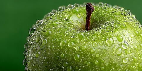 Extreme macro shot of a crisp green apple covered in glistening water droplets, perfectly framed against a clean, soft-focus green background.