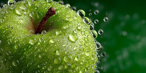 Extreme macro shot of a crisp green apple covered in glistening water droplets, perfectly framed against a clean, soft-focus green background.