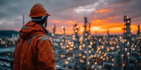 Rear view of an engineer in an orange hard hat, looking over a sprawling oil refinery at dusk. Warm, golden hour lighting creates a cinematic mood.