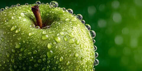 Extreme macro shot of a crisp green apple covered in glistening water droplets, perfectly framed against a clean, soft-focus green background.