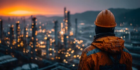 Rear view of an engineer in an orange hard hat, looking over a sprawling oil refinery at dusk. Warm, golden hour lighting creates a cinematic mood.