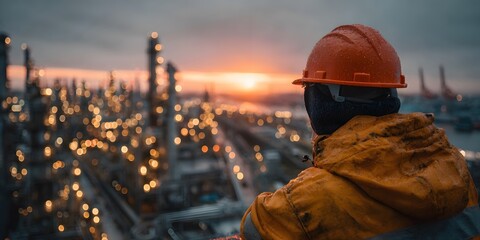 Rear view of an engineer in an orange hard hat, looking over a sprawling oil refinery at dusk. Warm, golden hour lighting creates a cinematic mood.