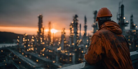 Rear view of an engineer in an orange hard hat, looking over a sprawling oil refinery at dusk. Warm, golden hour lighting creates a cinematic mood.