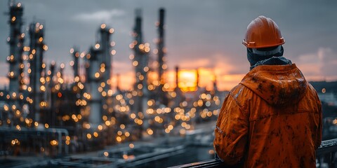 Rear view of an engineer in an orange hard hat, looking over a sprawling oil refinery at dusk. Warm, golden hour lighting creates a cinematic mood.