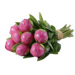 A beautiful bouquet of pink tulips with vibrant green leaves, presented against a white isolated background, perfect for decoration or gifting.