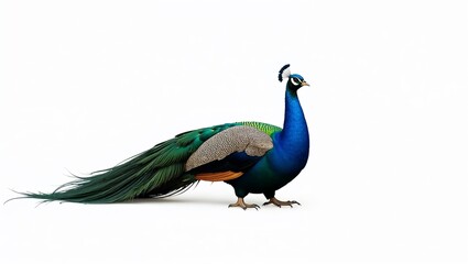 Majestic peacock standing elegantly with a proud expression on a white background
