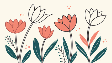 Hand drawn floral vector illustration with tulips and decorative leafy elements on white background
