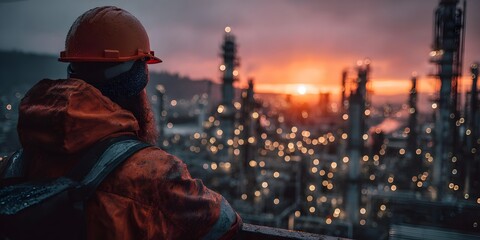 Rear view of an engineer in an orange hard hat, looking over a sprawling oil refinery at dusk. Warm, golden hour lighting creates a cinematic mood.