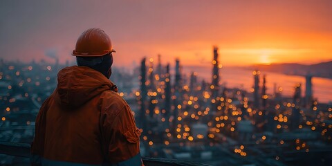 Rear view of an engineer in an orange hard hat, looking over a sprawling oil refinery at dusk. Warm, golden hour lighting creates a cinematic mood.