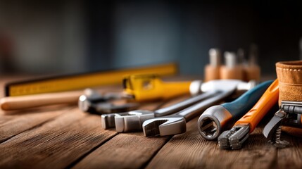 Assorted tools on wood